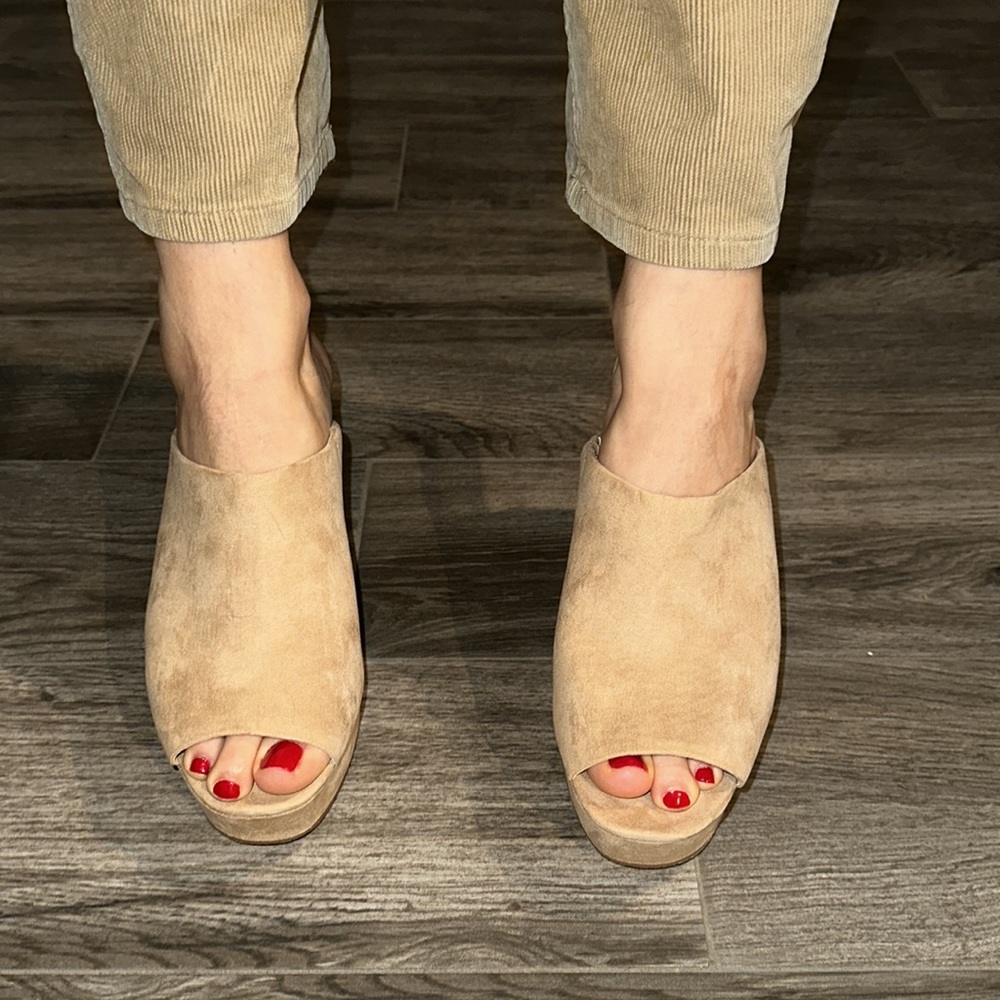 Nude suede platform heeled mules